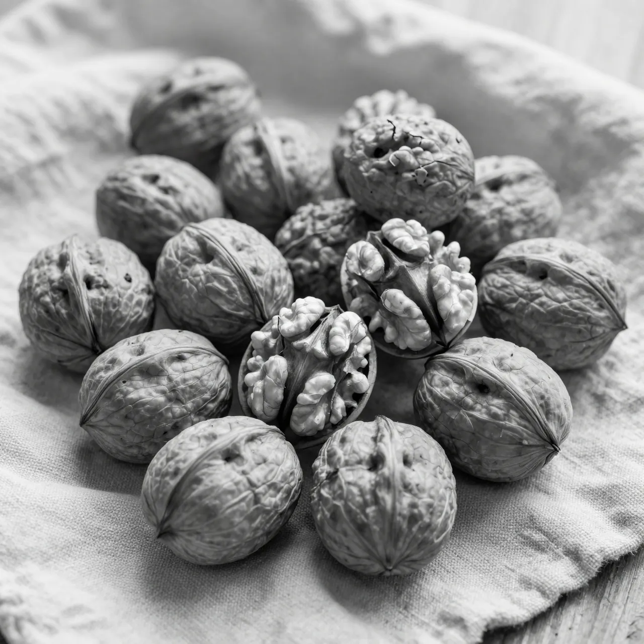 Black and white still life of whole and cracked walnuts arranged on rumpled linen cloth