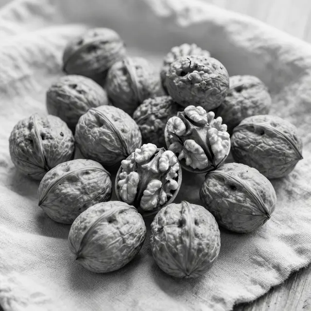 Black and white still life of whole and cracked walnuts arranged on rumpled linen cloth