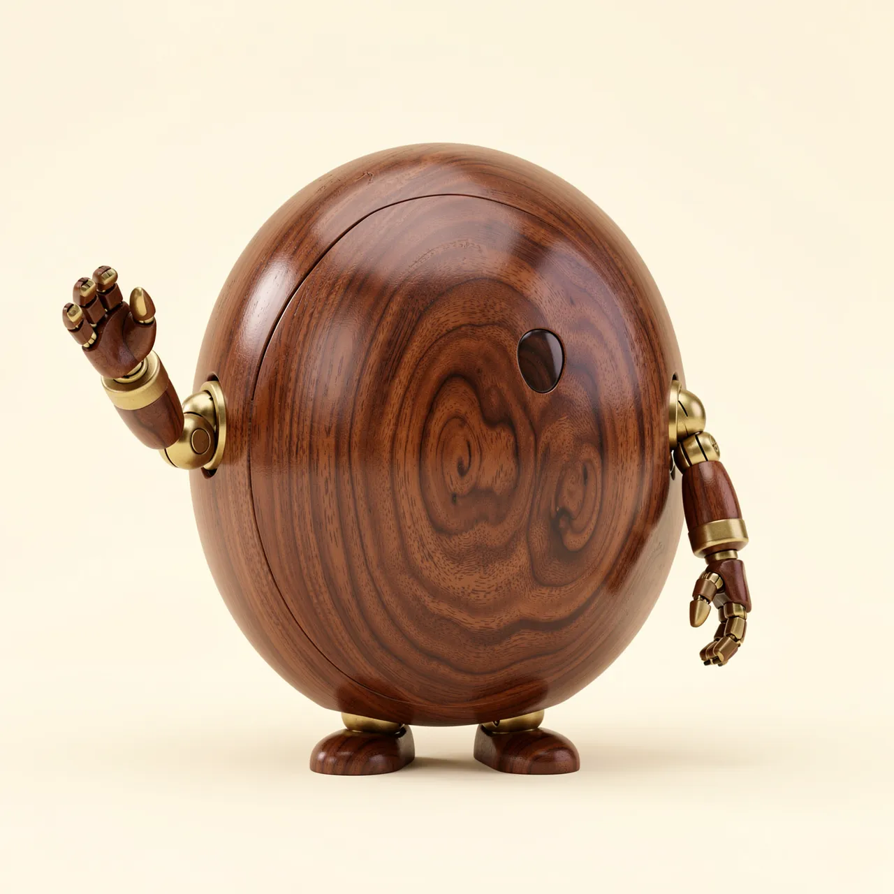 Round polished walnut robot with brass joints waves hello on a plain cream background