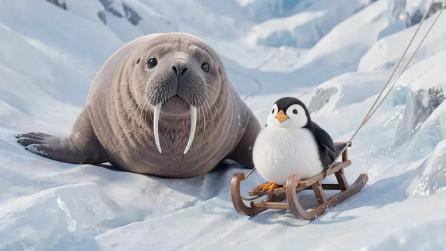 A chubby 3D rendered walrus rests next to a small fluffy penguin sitting on a wooden sled on an icy snow slope