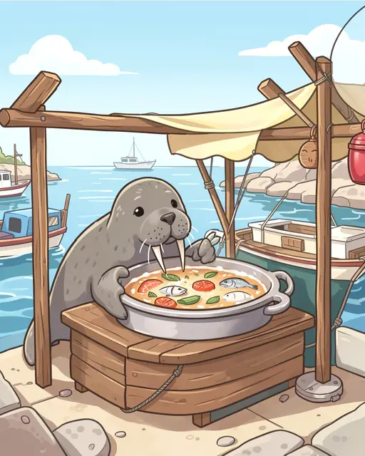 Cute illustrated walrus stands at a wooden harbor stall holding a large pot of fresh fish soup overlooking the water