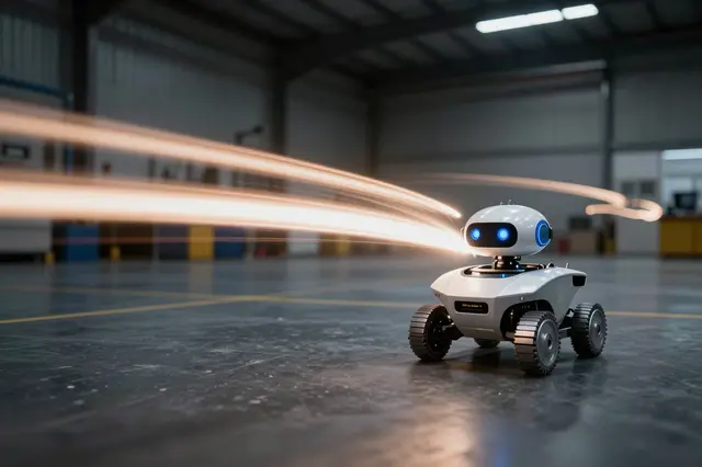 Small wheeled service robot sits on a warehouse floor with warm long-exposure light streaks trailing from its path