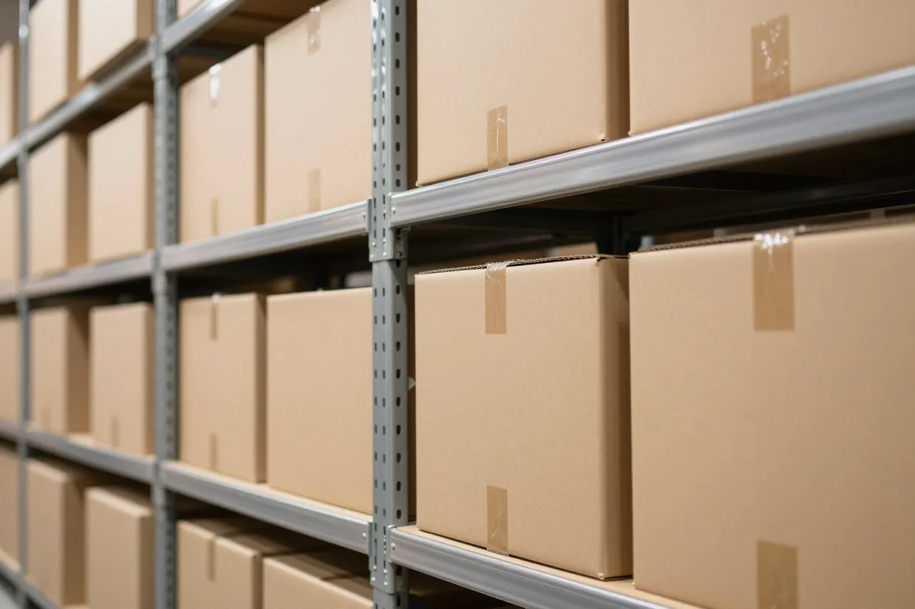 Close-up view of industrial warehouse storage shelves stacked with sealed plain cardboard boxes.