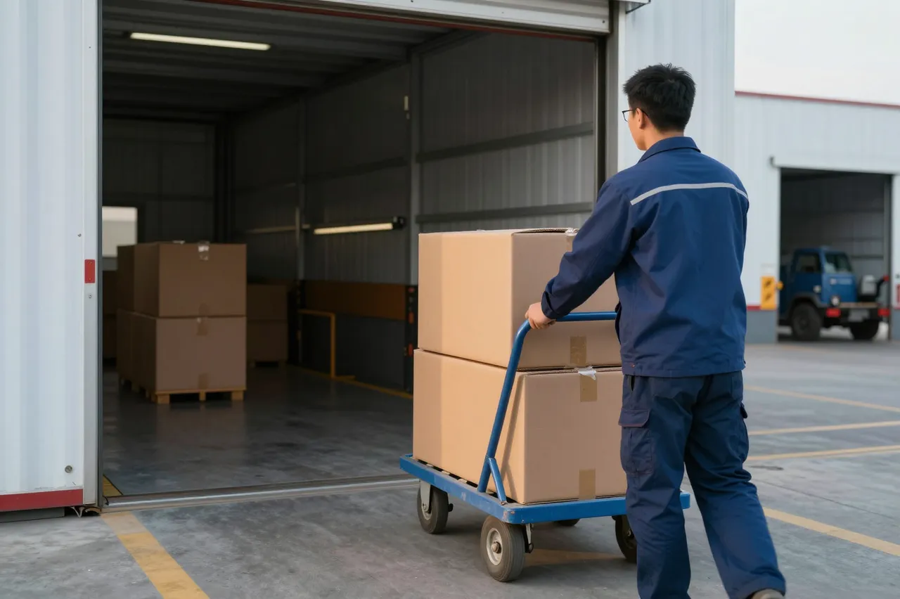 A warehouse worker in a blue uniform pushes a trolley of cardboard boxes into a loading dock at dawn