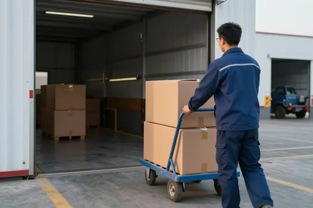 A warehouse worker in a blue uniform pushes a trolley of cardboard boxes into a loading dock at dawn