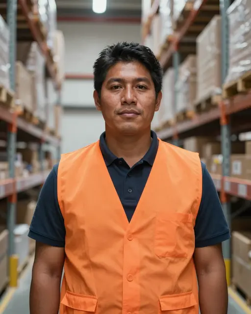 Indigenous warehouse worker in an orange safety vest stands facing the camera in a tall warehouse shelving aisle