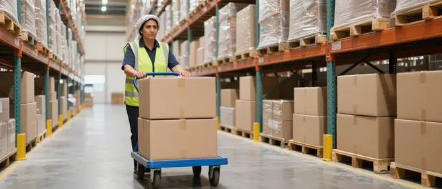 Middle aged female warehouse worker pushes a hand truck stacked with boxes down a wide storage aisle