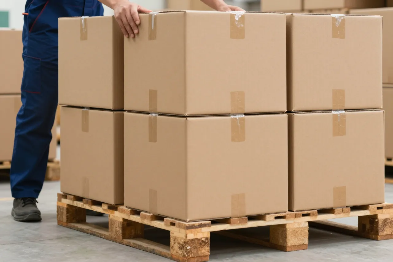A partial view of a warehouse worker arranging plain cardboard boxes on a wooden pallet