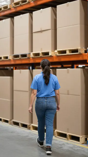 A female warehouse worker viewed from behind walks down an aisle lined with stacked cardboard boxes on pallets