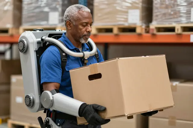 A middle-aged warehouse worker uses a powered exoskeleton to carry a cardboard box in a storage facility.