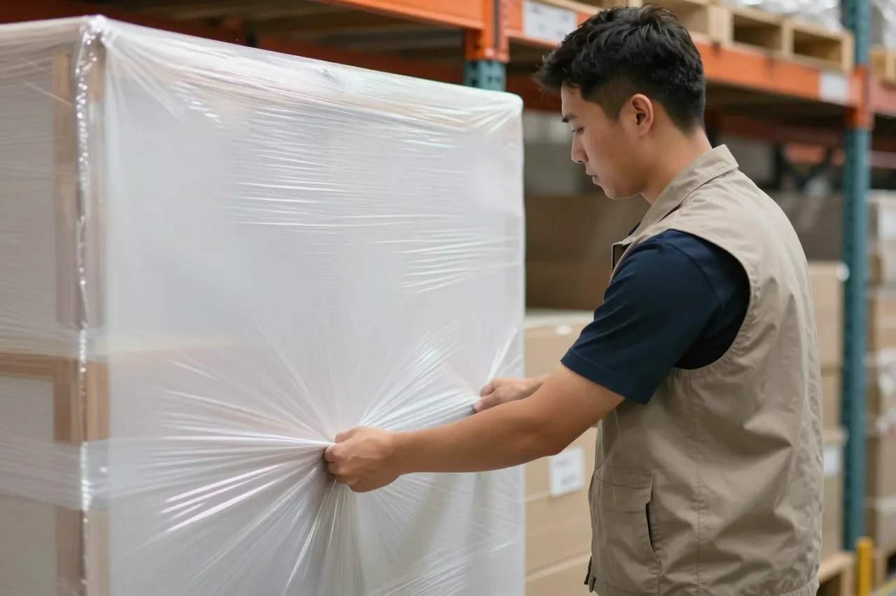 Side view of a male warehouse worker securing stretch wrap around a pallet of goods in a storage facility.