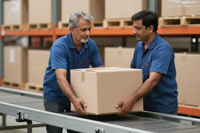 Two South Asian warehouse workers place a cardboard box onto a roller conveyor in a storage facility