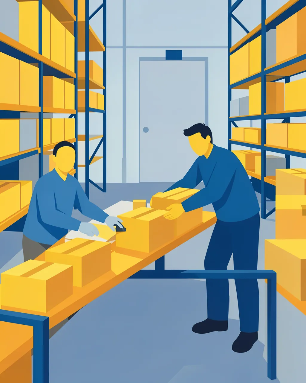 Two faceless warehouse workers pack yellow boxes on a work table between storage shelves