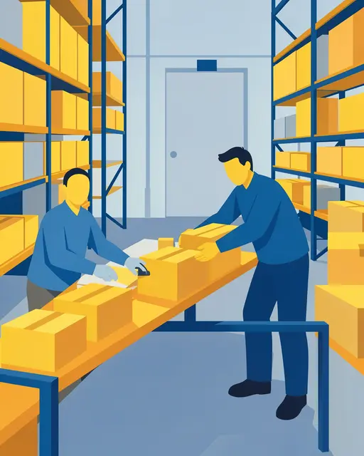 Two faceless warehouse workers pack yellow boxes on a work table between storage shelves