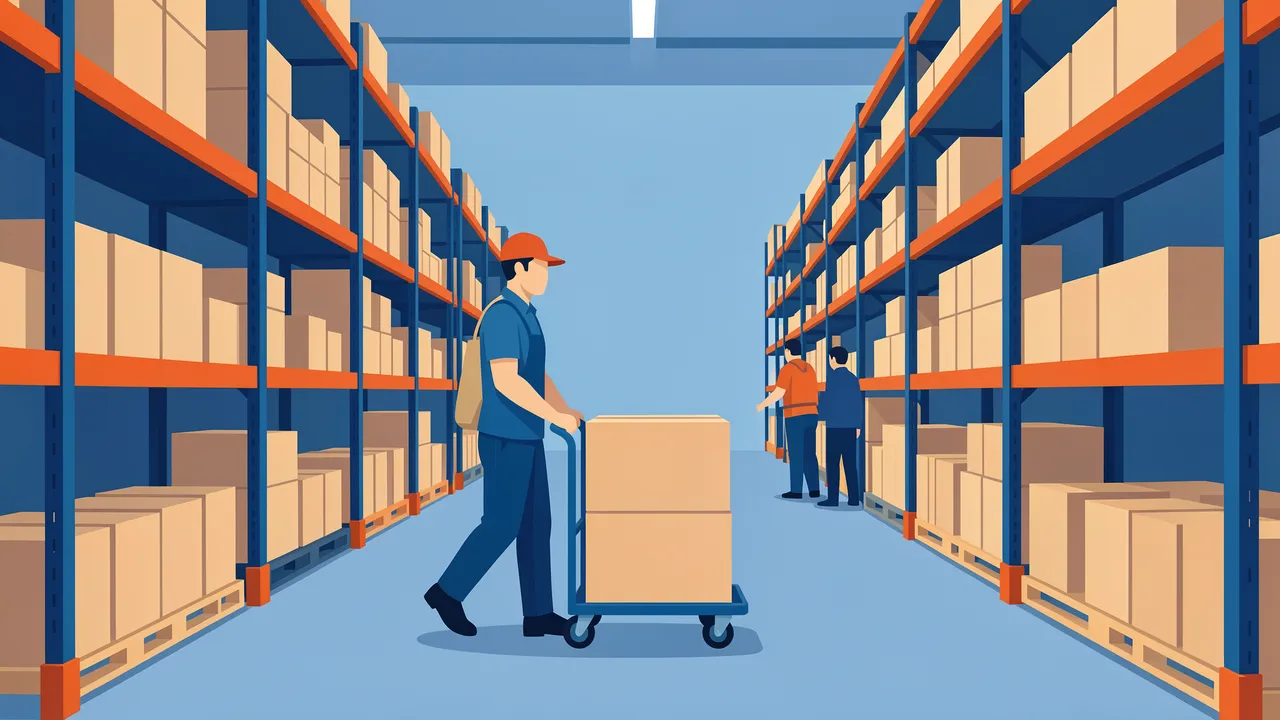 Flat vector illustration of warehouse staff moving boxes on a hand truck between tall storage shelves
