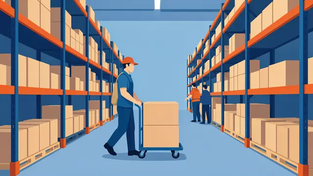 Flat vector illustration of warehouse staff moving boxes on a hand truck between tall storage shelves