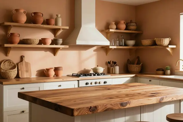 Sunlit bohemian kitchen with ochre walls, open wooden shelves holding clay pots and woven baskets above a butcher block