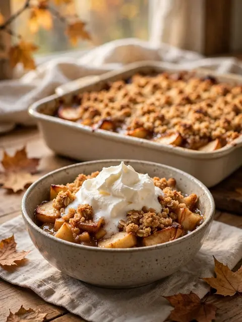 Bowl of apple crisp topped with whipped cream sits in front of a baking dish of crisp in soft autumn window light