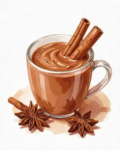 Gouache illustration of a glass cup of chai topped with cinnamon sticks and surrounded by star anise on a light background