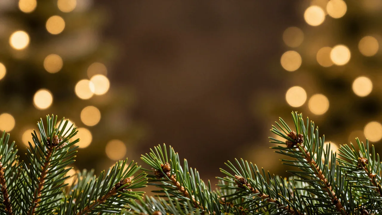 Sharp evergreen fir branches frame the bottom of the frame above soft golden Christmas light bokeh with empty dark copy