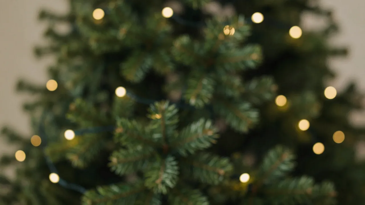 Softly focused evergreen Christmas tree branches with scattered warm golden fairy light bokeh