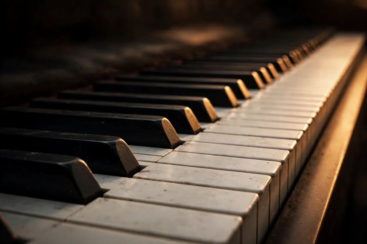 Low angle close-up of piano keys lit by warm fading lamplight falling into dark shadow