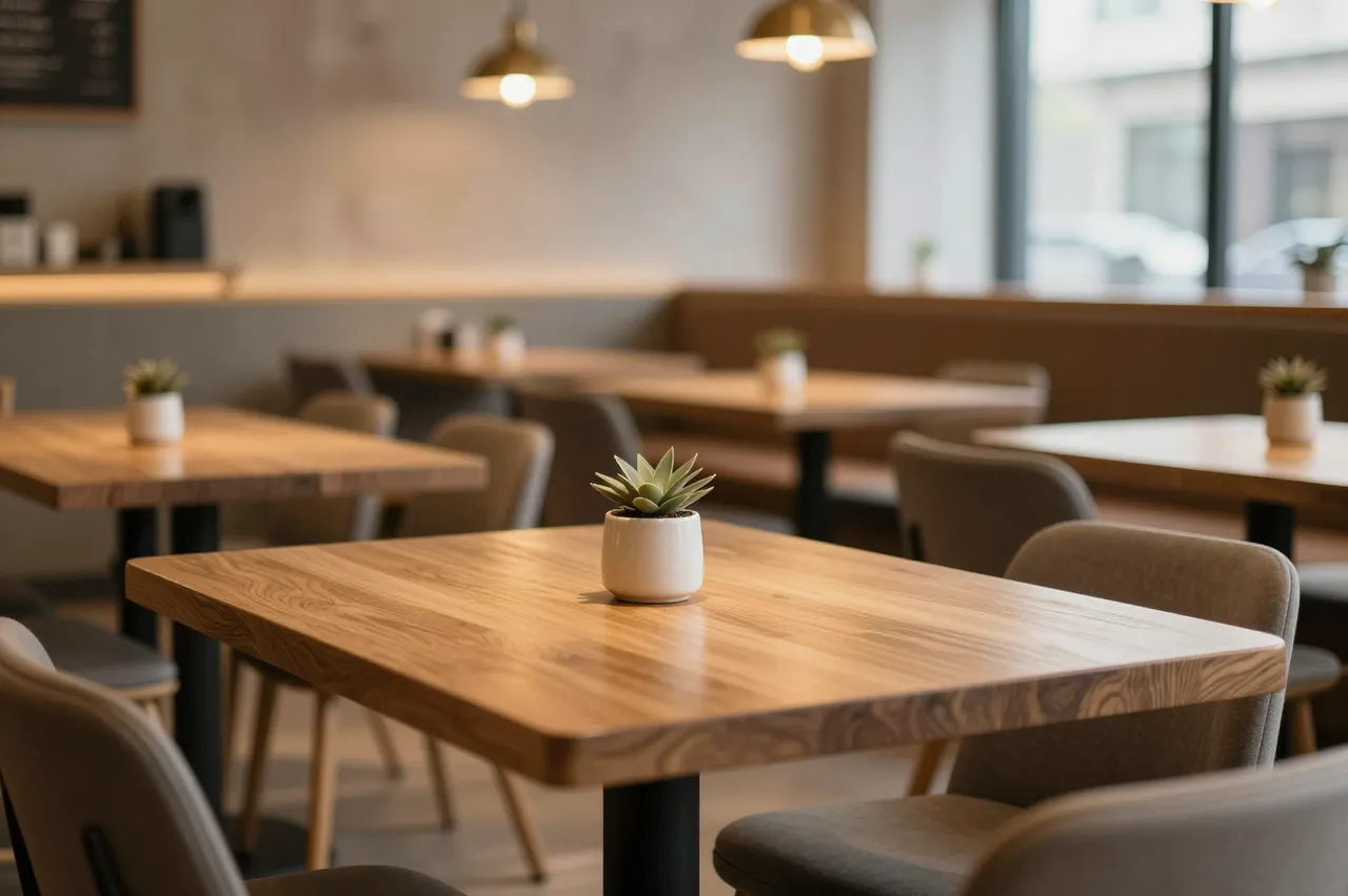 Empty cozy cafe interior with wooden tables, upholstered chairs, and warm overhead pendant lighting