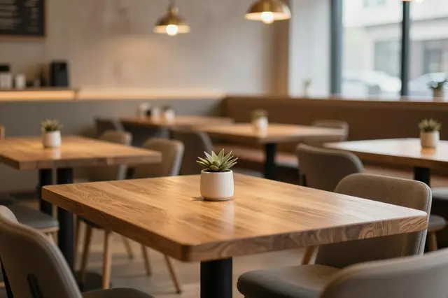 Empty cozy cafe interior with wooden tables, upholstered chairs, and warm overhead pendant lighting