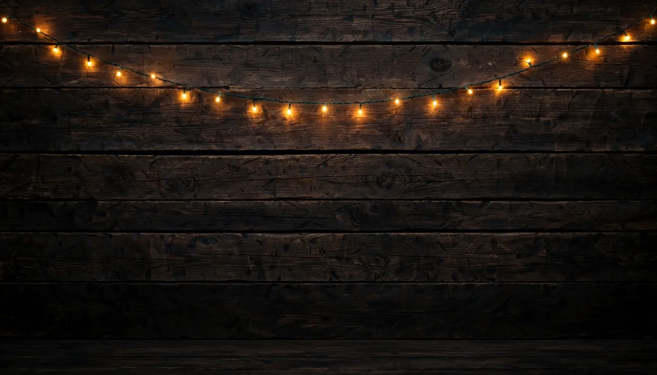 A strand of glowing warm fairy lights strung across a dark horizontal wooden plank wall with empty space below.