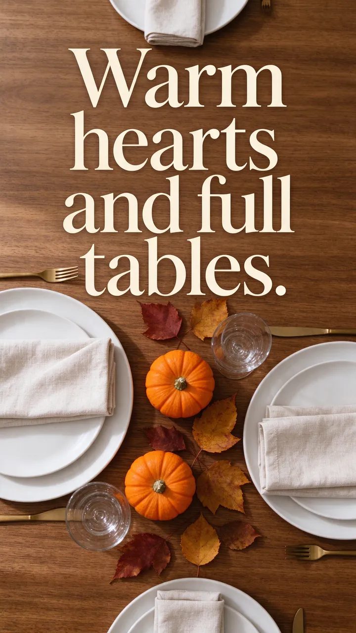 Overhead view of a Thanksgiving table setting with small pumpkins, autumn leaves, and the quote "Warm hearts and full