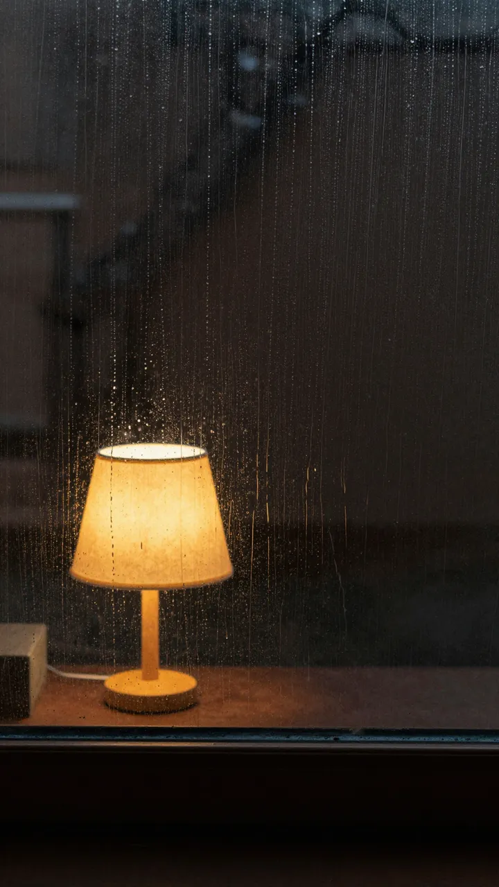 Glowing warm table lamp sits on a windowsill behind streaky raindrops on dark glass