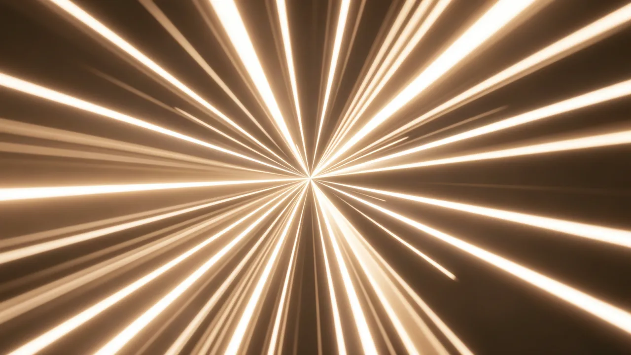 Glowing warm white light streaks converge toward a central focal point against a dark brown background
