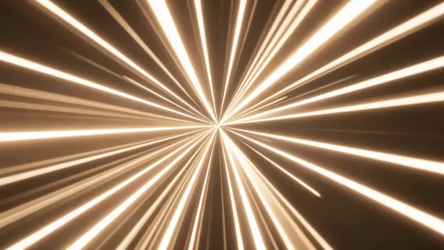 Glowing warm white light streaks converge toward a central focal point against a dark brown background