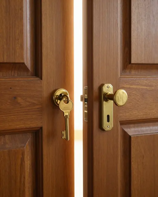 Slightly open heavy wooden door with brass hardware and a key in the lock, warm light glowing through the narrow gap