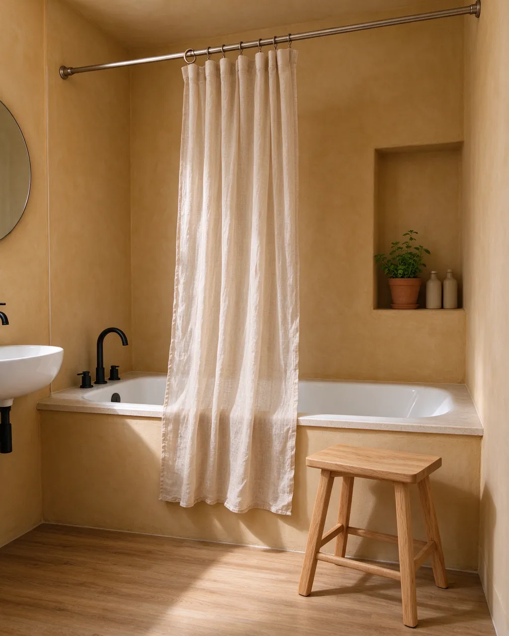 Cozy small bathroom with ochre walls, a bathtub, linen shower curtain and wooden stool