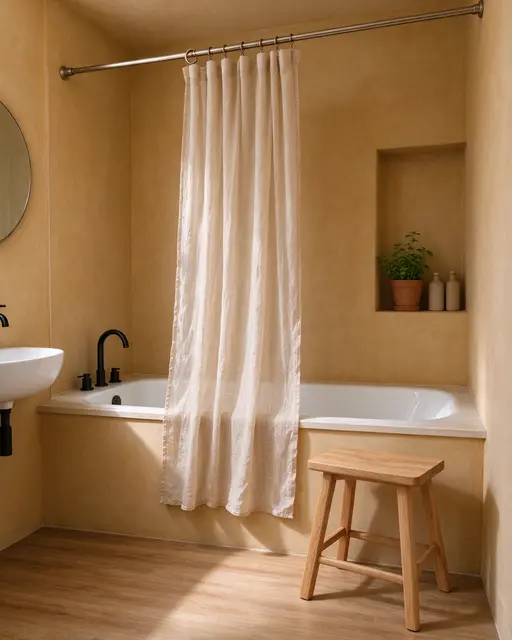 Cozy small bathroom with ochre walls, a bathtub, linen shower curtain and wooden stool