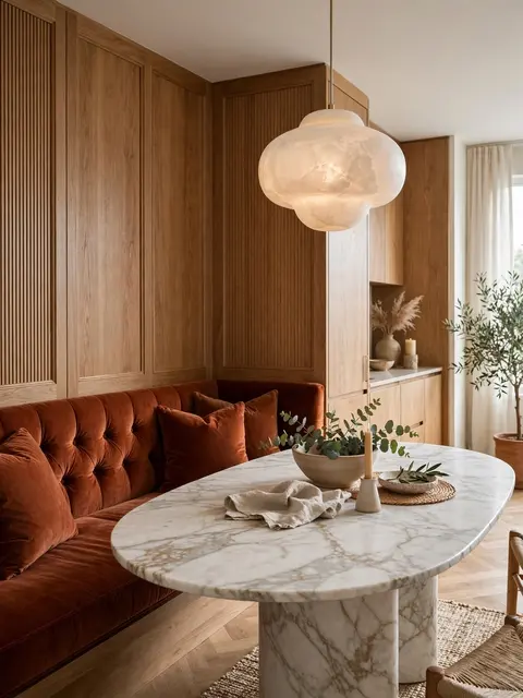 Cozy dining room with rust velvet banquette, oval marble table and alabaster pendant light