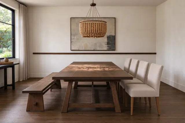 Modern dining room with a wood trestle table, linen chairs, and wood-bead chandelier in soft natural light