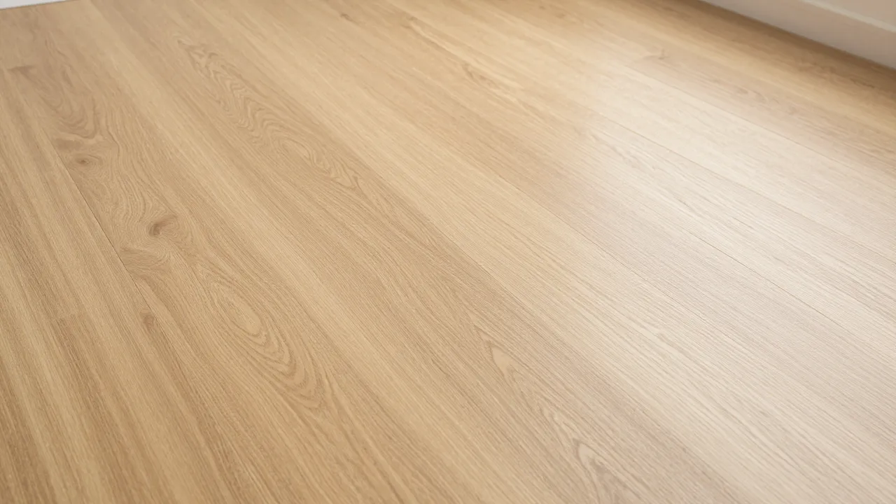 Top-down view of smooth wide light oak floorboards lit with soft warm indoor light