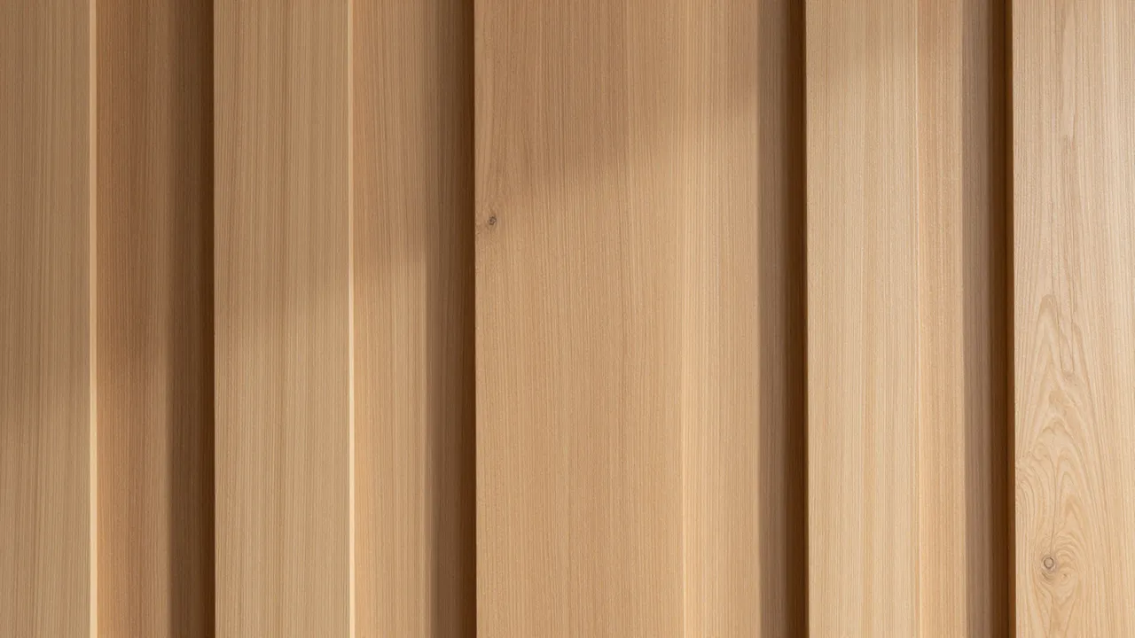 Close-up of vertical warm oak slats with soft recessed vertical shadows across the surface
