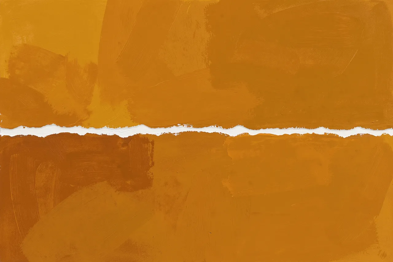 An abstract painting of layered warm orange and brown brushstrokes split horizontally by a rough torn white edge