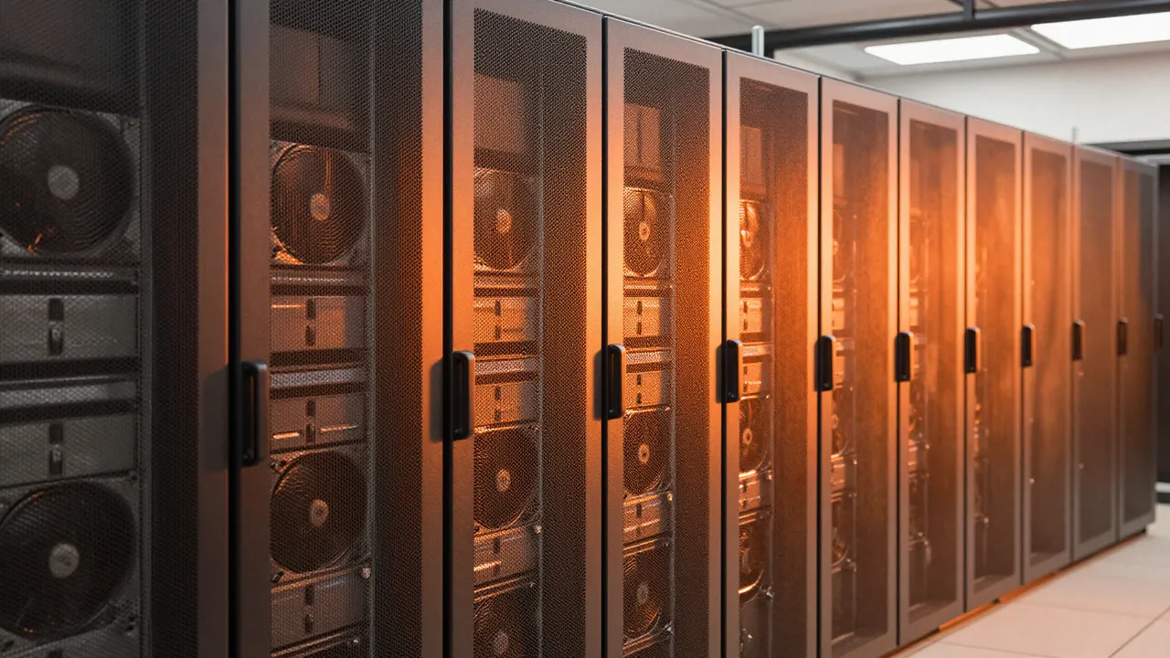 Row of server racks with mesh doors glows under warm orange lighting in a data center hot aisle