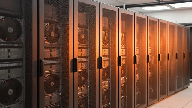 Row of server racks with mesh doors glows under warm orange lighting in a data center hot aisle