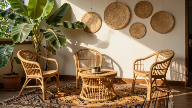 Late afternoon sun illuminates a cozy sunroom with rattan seating, potted banana plants and woven wall decor