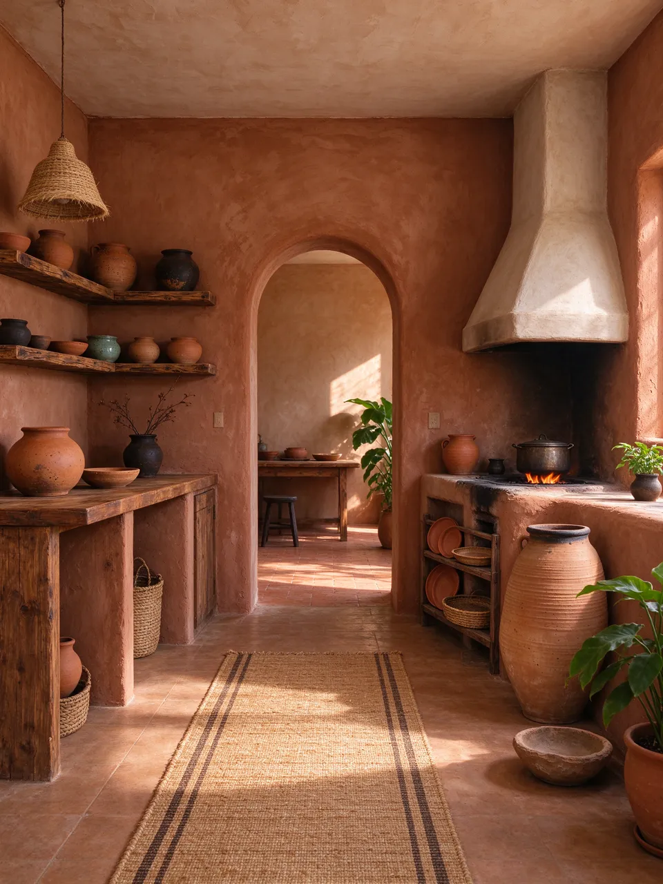 Sunlit bohemian kitchen with clay walls, wooden shelves, handmade pottery and a woven sisal runner