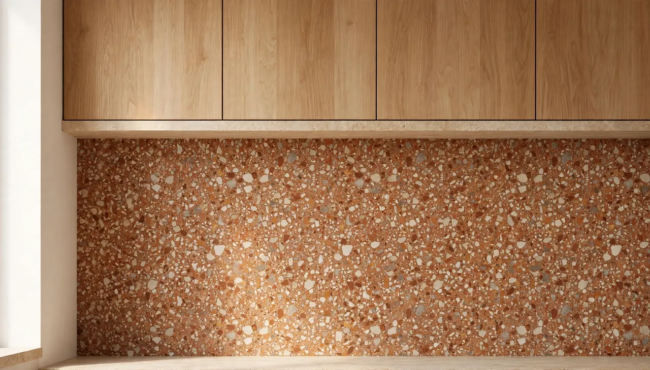 Close-up view of light oak upper cabinets above a warm rust and cream flecked terrazzo kitchen backsplash with a narrow