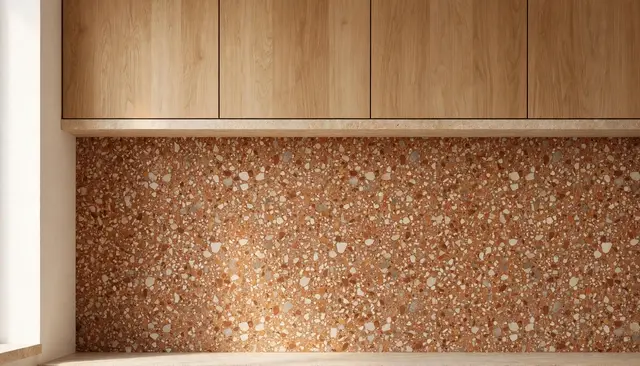 Close-up view of light oak upper cabinets above a warm rust and cream flecked terrazzo kitchen backsplash with a narrow