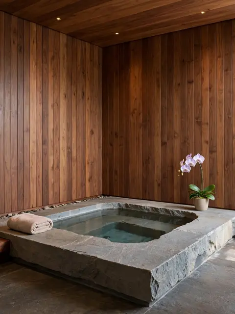 A sunken stone bath sits in a walnut wood lined spa bathroom with a potted orchid and folded towel