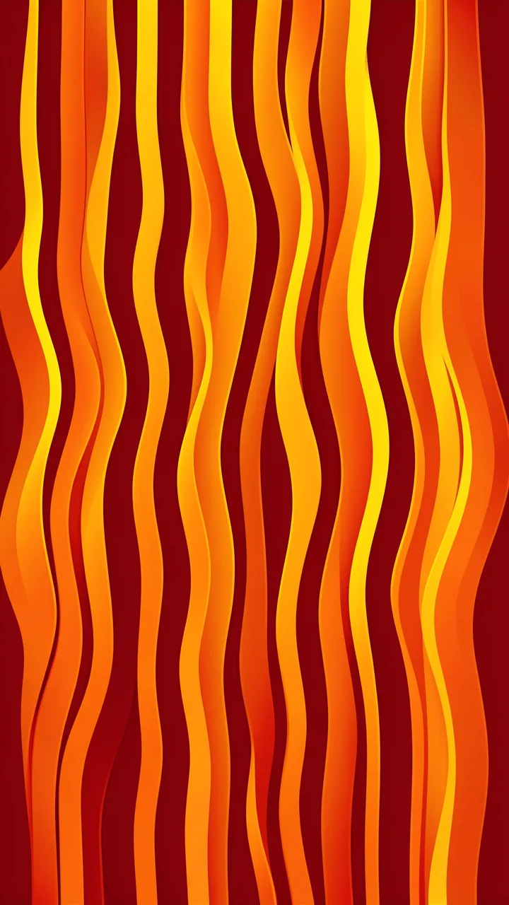 Vertical wavy gradient ribbons in orange and yellow rise against a deep red background