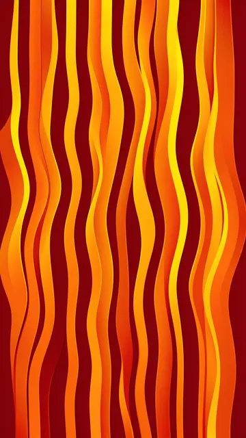 Vertical wavy gradient ribbons in orange and yellow rise against a deep red background